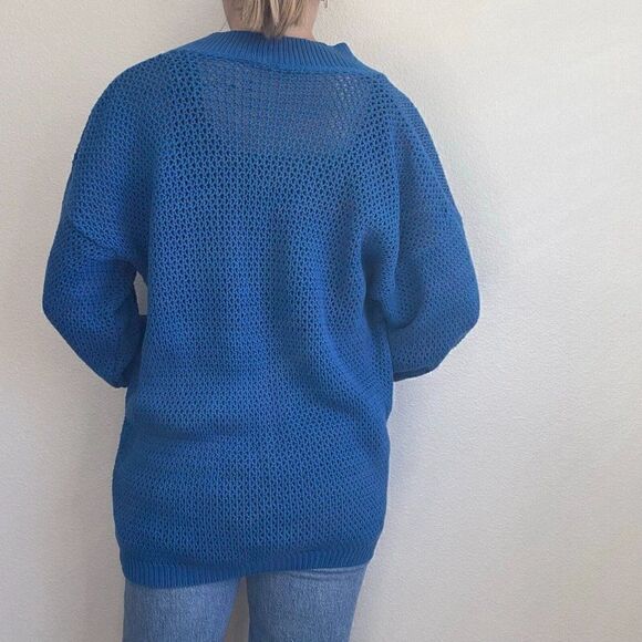 Vintage Womens Gepetto 80s Oversized Blue Rhinestone Sheer V Neck Sweater Sz L - Picture 6 of 8